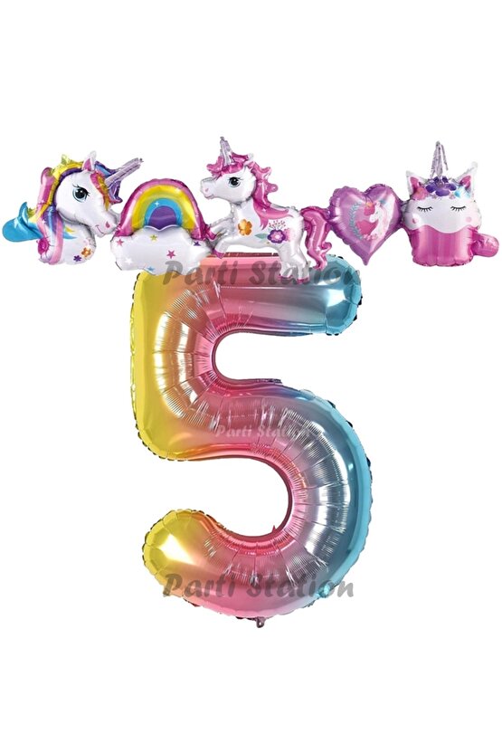 Renkli Gökkuşağı Renk Rakam Balonlu Unicorn 5 Yaş Doğum Günü Parti Balon Set Unicorn Tema Parti Seti