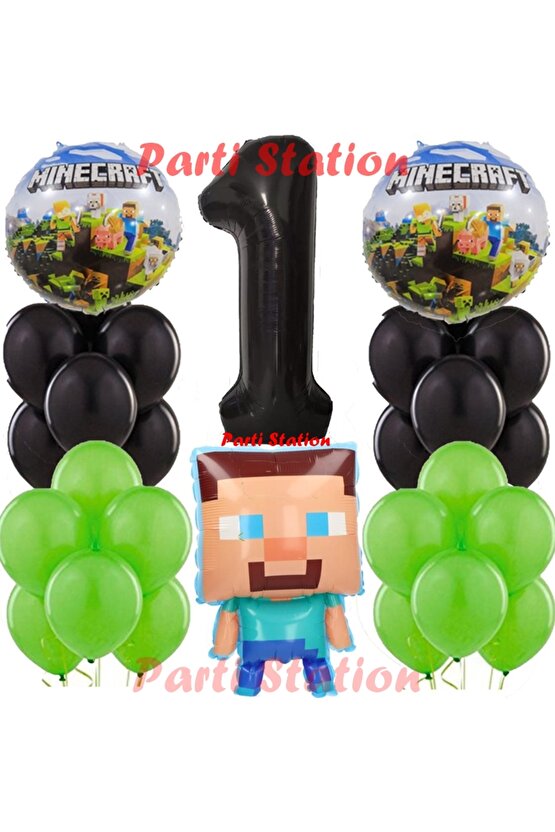 Minecraft Konsept Doğum Günü 1 Yaş Balon Set Minecraft Parti Tema Yeşil Siyah Balon Set
