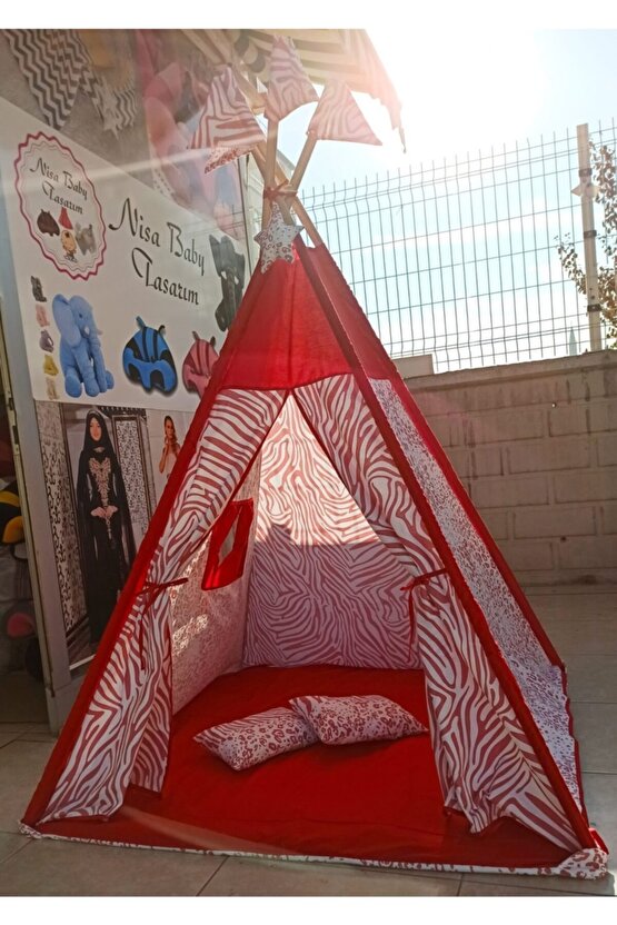Büyük Boy Kızılderili Oyun Çadırı Sabitleme Aparartı Hediyelidir Kırmızı-beyaz