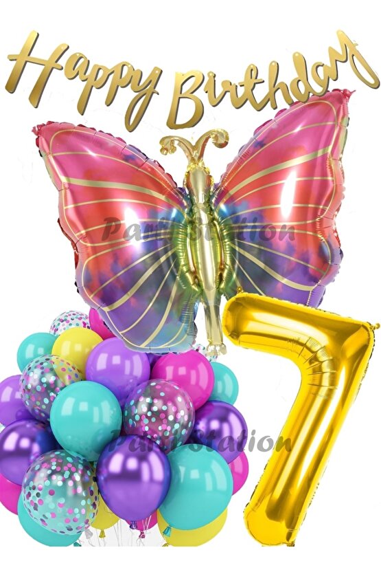 Rengarenk Kelebek 7 Yaş Balon Set Colorfull Butterfly Gökkuşağı Konsept Parti Doğum Günü Balon Seti