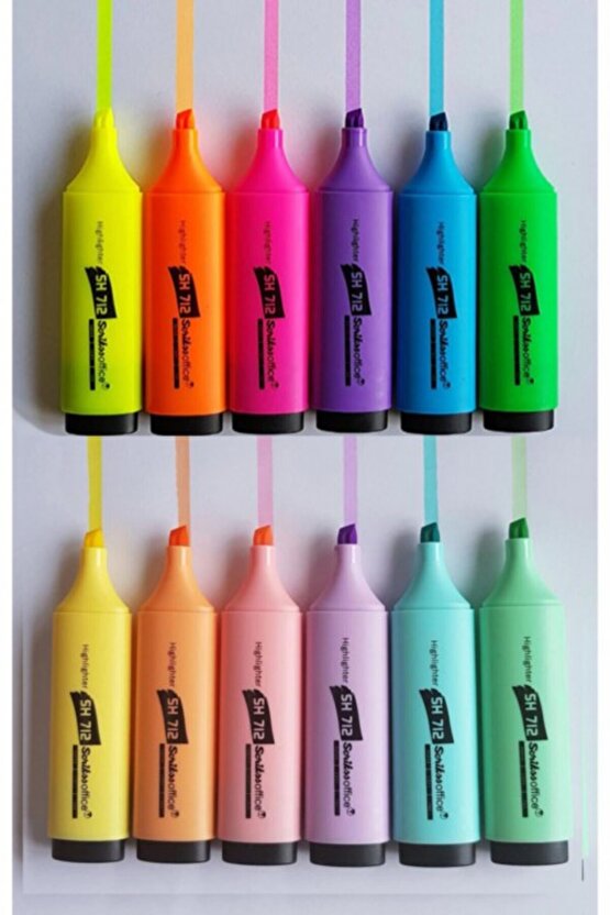 12 Renk Fosforlu Kalem Seti (6 Pastel+6 Canlı)