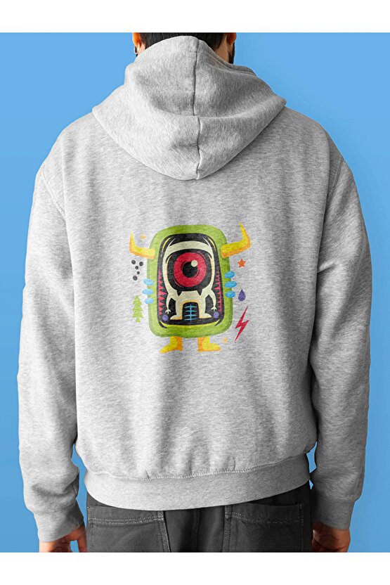 Monster Uzaylı Arkası Baskılı Tasarım 3 Iplik Kalın Gri Hoodie Sweatshirt