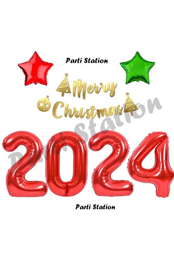 Yılbaşı 2024 Kırmızı Renk Rakam Balon Seti 100 cm Yılbaşı Merry Christmas Banner Balon Seti