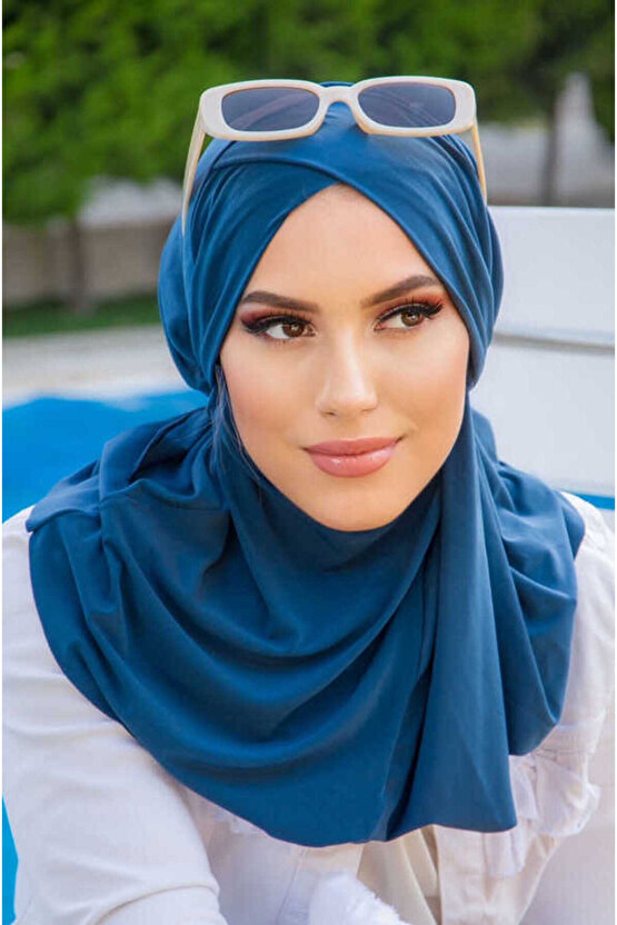 Lacivert Çapraz Bantlı Medium Size Hijab - Hazır Şal
