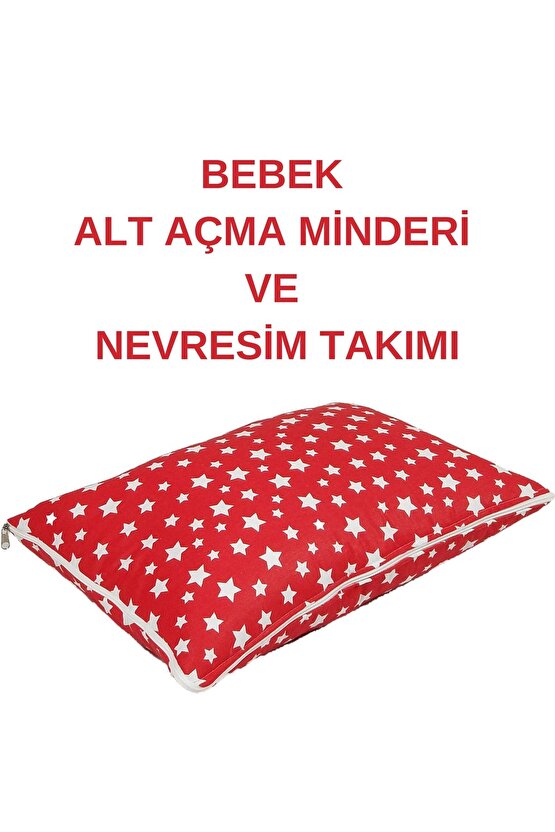 %100 Pamuklu Kırmızı Yıldızlı Kumaş Bebek Alt Açma Minderi Ve Beşik Içi Nevresim Takımı