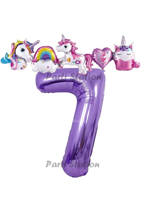 Mor Renk Rakam Balonlu Unicorn 7 Yaş Doğum Günü Parti Balon Set Unicorn Tema Lila Renk Parti Seti