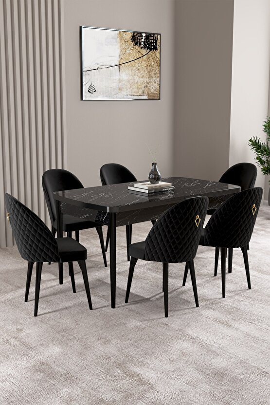 Milas Siyah Mermer Desen 80x132 Mdf Açılabilir Yemek Masası Takımı 6 Adet Sandalye