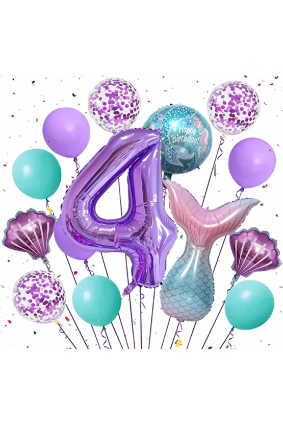 Mor Renk Deniz Kızı Konsept 4 Yaş Rakam Balon Set Deniz Kızı Temalı Doğum Günü Parti Seti