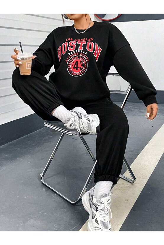 Kadın Siyah Boston Baskılı Bisiklet Yaka Sweatshirt-Eşofman Takım