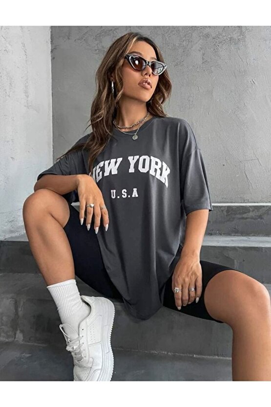 Kadın Oversize New York Baskılı Antrasit Penye Tshirt