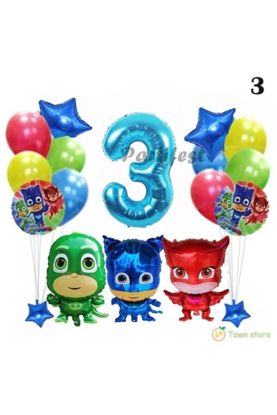 Pijamaskeliler 3 Yaş Balon Seti Pjmasks Konsept Helyum Balon Set Pijamaskeli Doğum Günü Set