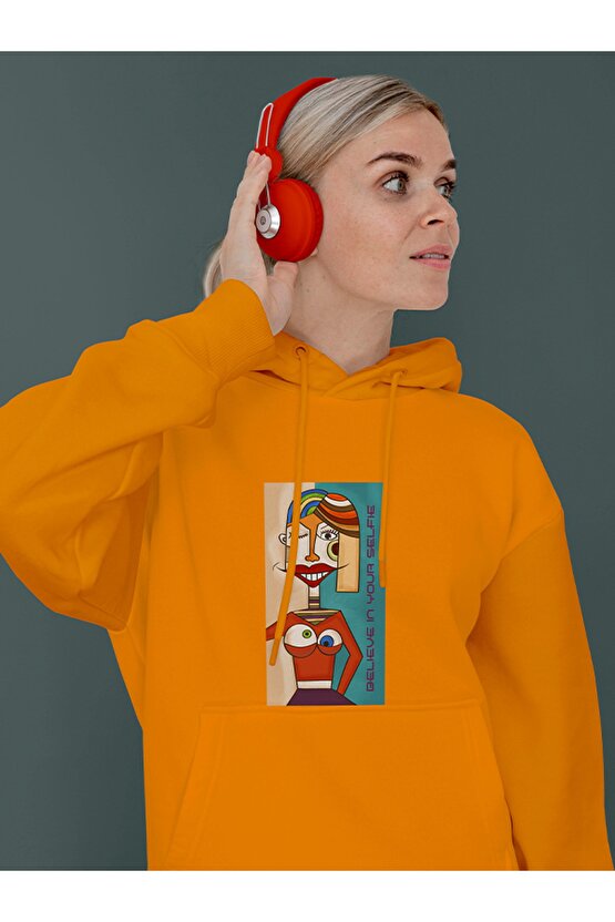 Postmodern Sanat Baskılı Tasarım 3 Iplik Kalın Sarı Hoodie Sweatshirt