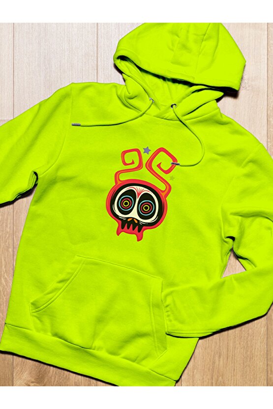 Monster Serisi Kurukafa Baskılı Tasarım 2 Iplik Şardonlu Gri Hoodie Sweatshirt