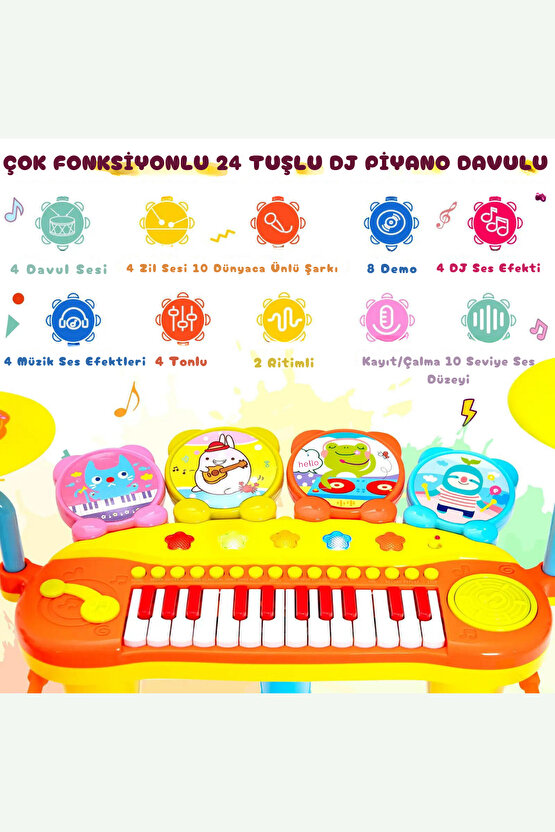 Çocukların Müzik Gelişimi için Oyuncak Mikrofonlu 24 Tuşlu Mp3 Çalar Piano Piyano Davul