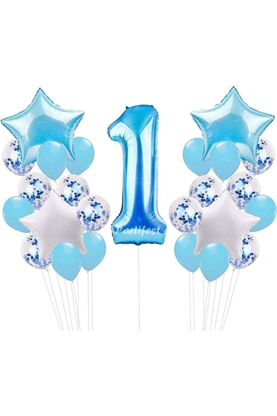 1 Yaş Mavi Balon Set Erkek Çocuk Mavi Konsept Helyum Balon Set Mavi Renk Doğum Günü Set