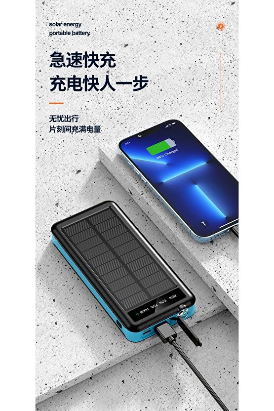 SOLAR POWERBANK GÜNEŞ ENERJİ PANELLİ 10000MAH KENDİNDEN KABLO ÇIKIŞLI LED IŞIKLI TAŞINABİLİR ŞARJ