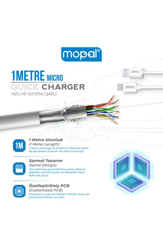 Mopal Mikro Usb Şarj Başlığı Ve Data Kablosu 5v 3,1a 18w Qualcomm 3.0 Quick Charge M09