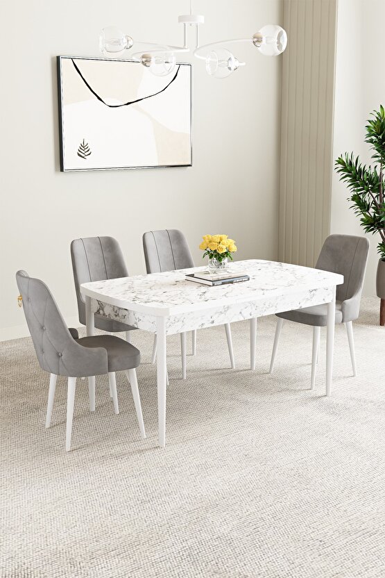 Mabel Beyaz Mermer Desen 80x132 Açılabilir Mutfak Masası Takımı 4 Adet Sandalye
