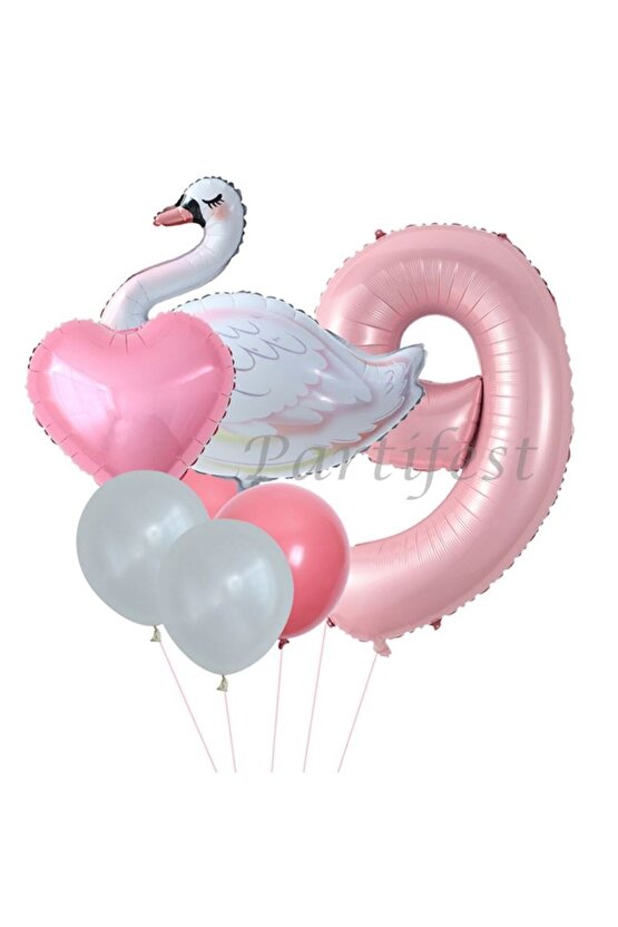 Kuğu 9 Yaş Balon Set Balon Folyo Set Konsept Kuğu Doğum Günü Set Yaş Balon