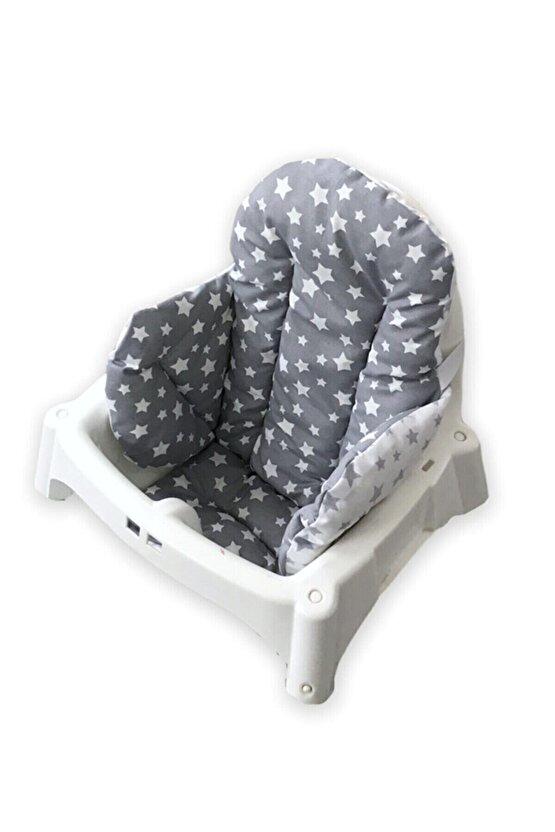 Pamuklu Bebek Çocuk Mama Sandalyesi Minderi Beyaz Gri Yıldızlı