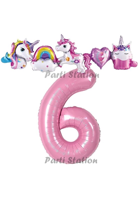 Pembe Renk Rakam Balonlu Unicorn 6 Yaş Doğum Günü Parti Balon Set Pembe Renk Unicorn Tema Parti Seti