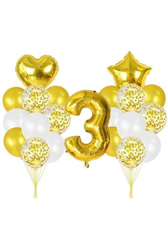 3 Yaş Konfetili Balon Doğum Günü Seti Gold