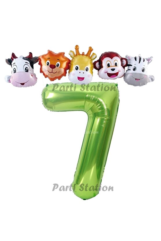Yeşil Renk Rakam Balonlu Safari 7 Yaş Doğum Günü Parti Balon Set Safari Hayvanlar Tema Parti