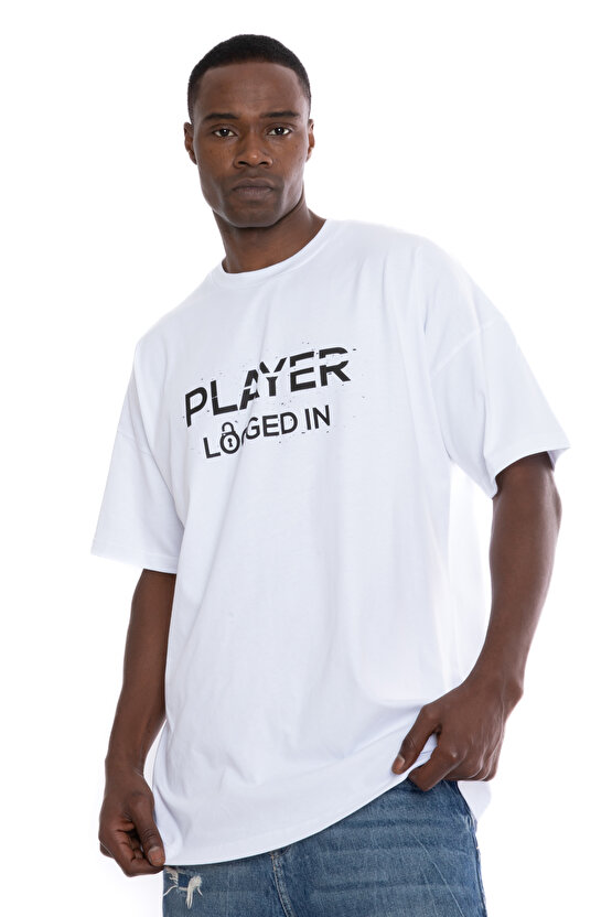 %100 Pamuk Beyaz Unisex Oversize Kısa Kollu T-Shirt | Player Logged In