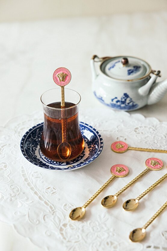 6lı Antik Yunan İlhamlı Pembe & Altın Renkli Dekoratif Çay Kaşığı Seti