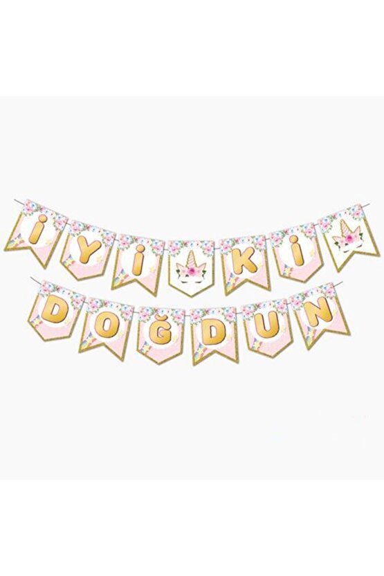 Unicorn Çiçekli İyi Ki Doğdun Banner 2 Metre Unicorn Konsept Doğum Günü Parti Malzemeleri