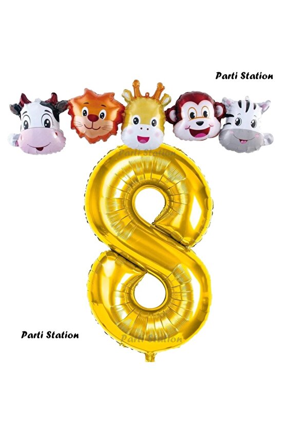 Altın Renk Rakam Balonlu Safari 8 Yaş Doğum Günü Parti Balon Set Safari Hayvanlar Tema Parti