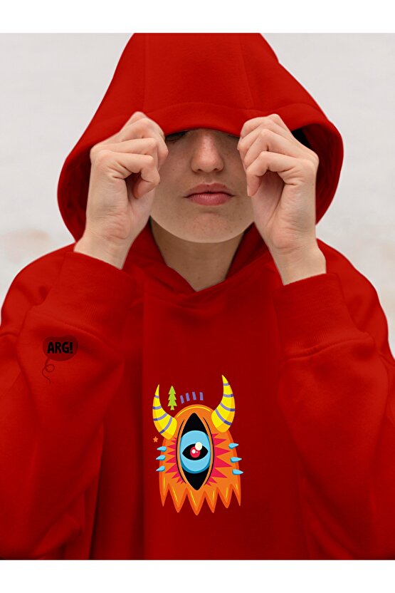 Monster Serisi Göz Baskılı Tasarım 2 Iplik Şardonlu Beyaz Hoodie Sweatshirt