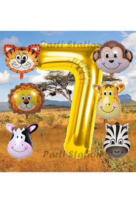 Altın Renk Rakam Balonlu Safari 7 Yaş Doğum Günü Parti Balon Set Safari Hayvanlar Tema Parti Set