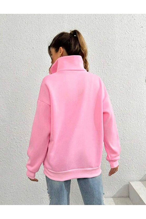 Kadın Yarım Fermuarlı Bebe Pembe Oversize Dik Yaka Sweatshirt