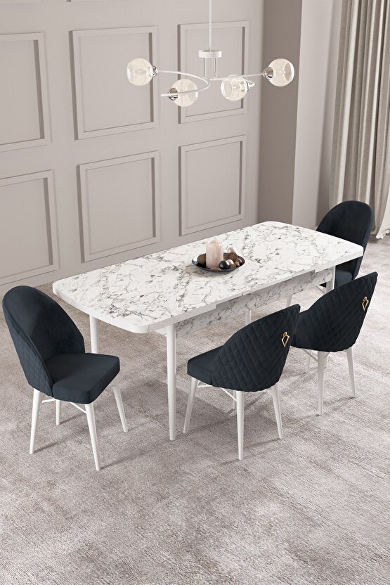 Calvin Beyaz Mermer Desen 80x132 Mdf Açılabilir Mutfak Masası Takımı 4 Adet Sandalye