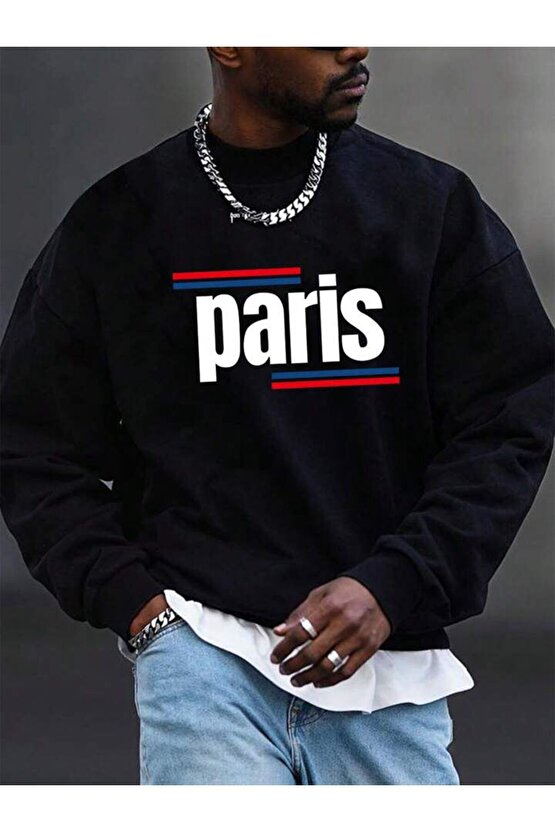 Erkek Oversize Paris Baskılı Siyah Bisiklet Yaka Sweatshirt