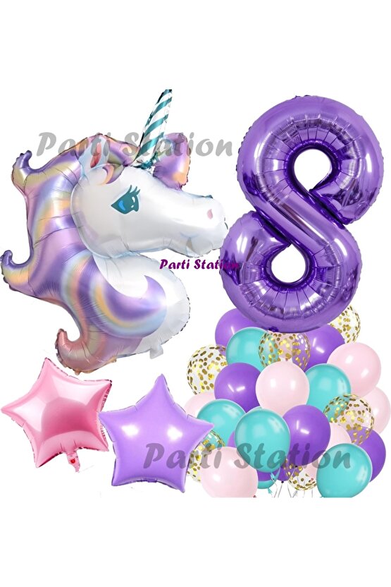 Mor Rakam Balonlu Unicorn Konsept 8 Yaş Doğum Günü Balon Set Mor Unicorn Tema Folyo Balon Set