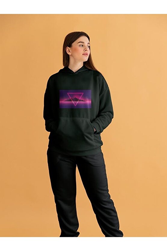 Vapor Wave Üçgen Design Baskılı Tasarım 2 Iplik Şardonlu Siyah Hoodie Sweatshirt