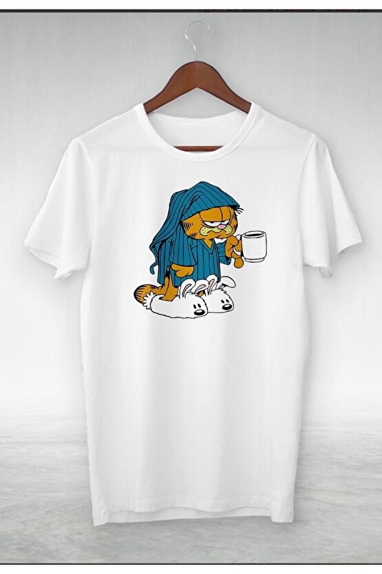 Unisex Oversize Kahveci Garfield Beyaz Tshirt