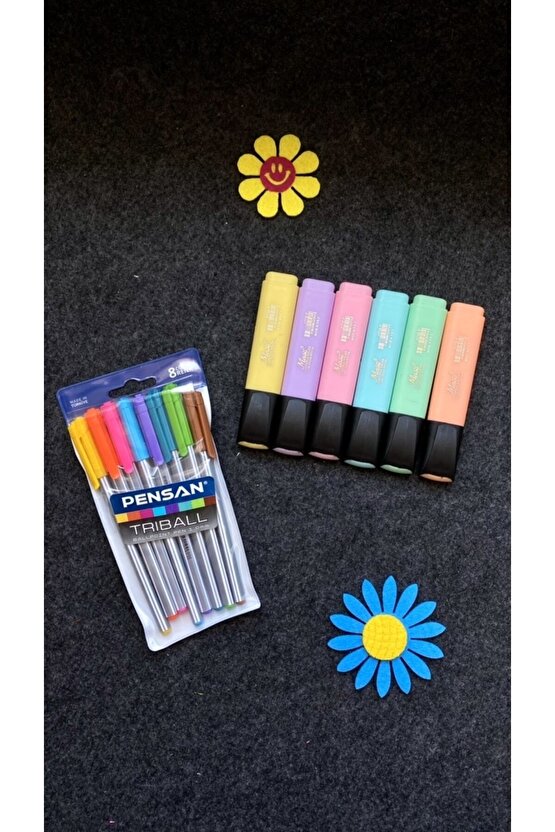 Triball Tükenmez Kalem 8 Renk + Masis Pastel Renk Fosforlu Işaretleme Kalemi 6 Lı Set