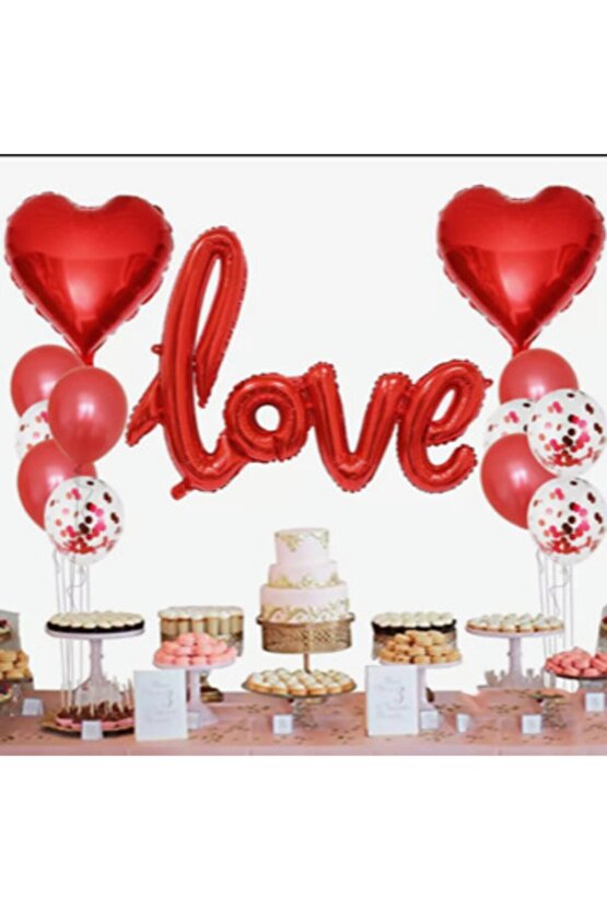 Sevgililer Günü Için Kırmızı Love El Yazısı Folyo Balon Şeffaf Balonlu Parti Seti