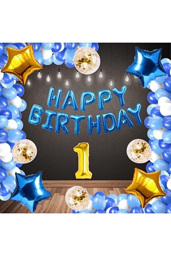 Mavi Konsept Happy Birthday 1 Yaş Doğum Günü Set Mavi Konsept Zincir Balon Set 1 Yaş Balon Seti