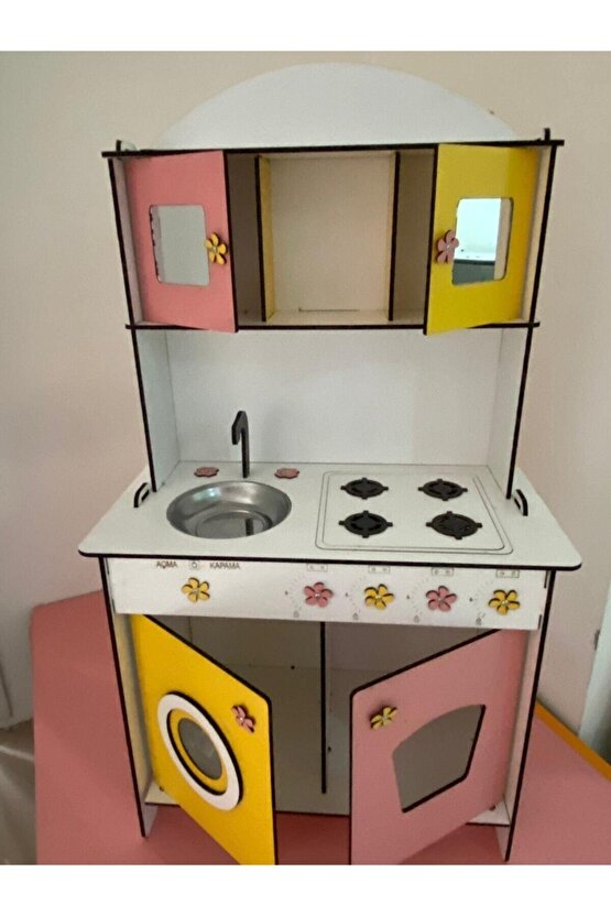 Büyük Boy Ahşap Oyuncak Mutfak Seti,eğitici Montessori Mutfak Oyuncak Seti Çamaşır Makinalı-sarı