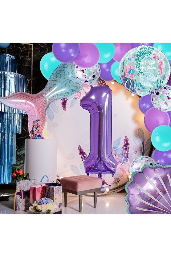 Mor Rakam Balon 1 Yaş Deniz Kızı Temalı Doğum Günü Parti Kutlama Seti Konsept 1