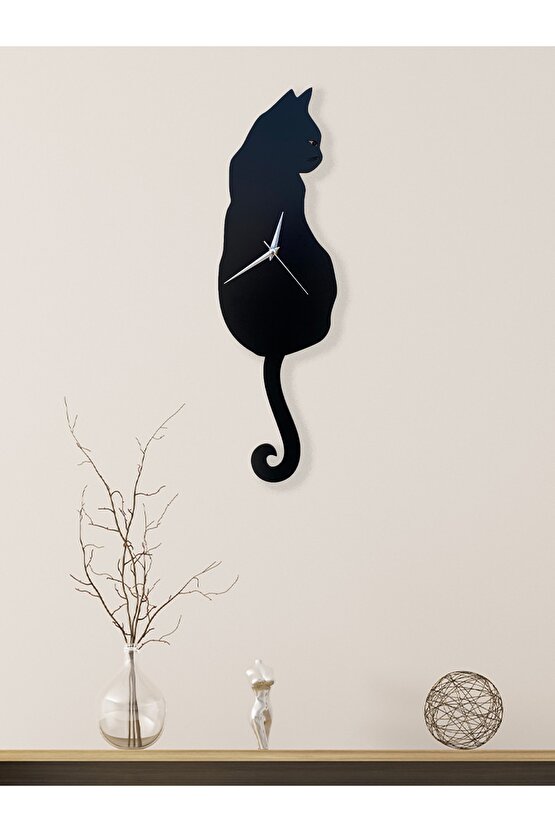 Siyah Kedi Dekoratif Sallanır Sarkaçlı Duvar Saati