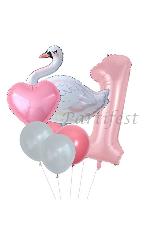 Kuğu 1 Yaş Balon Set Balon Folyo Set Konsept Kuğu Doğum Günü Set Yaş Balon