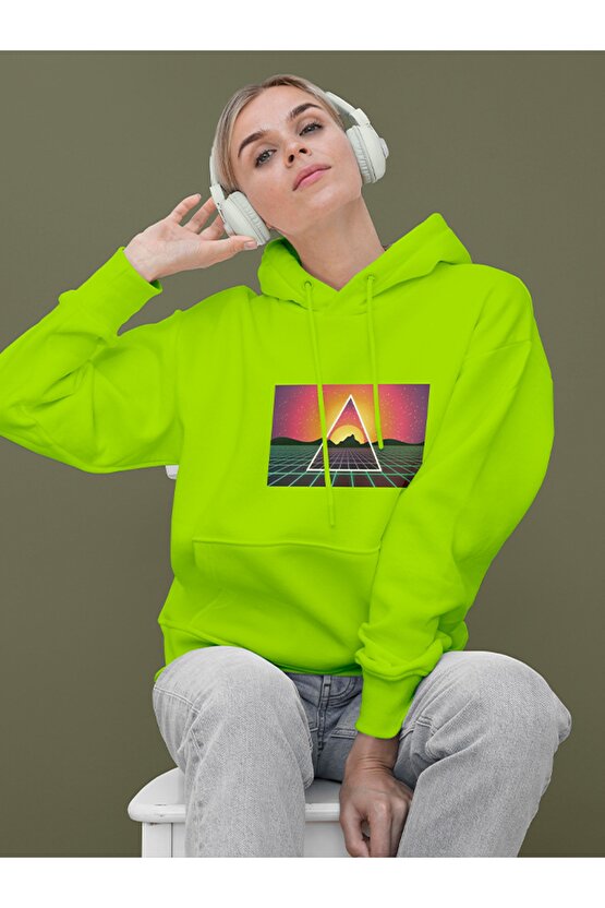 Vapor Wave Renkli Design Baskılı Tasarım 3 Iplik Kalın Neon Sarı Hoodie Sweatshirt