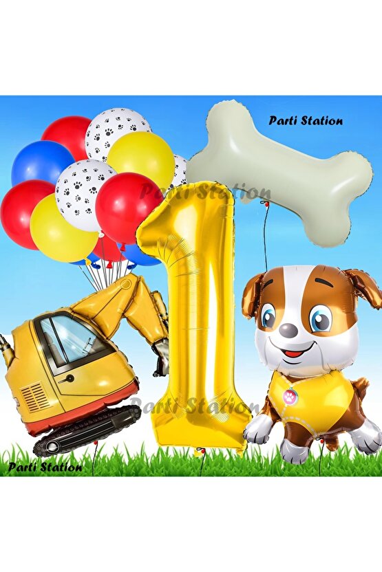 Paw Patrol Rubble Dozer Araçlı Köpek Konsept 1 Yaş Doğum Günü Parti Balon Set Paw Patrol Kemik Balon