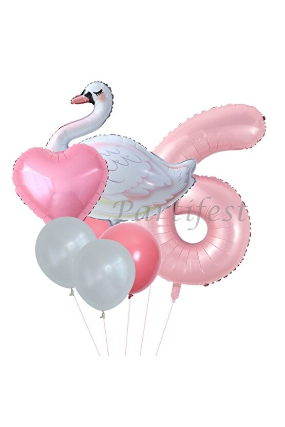 Kuğu 6 Yaş Balon Set Balon Folyo Set Konsept Kuğu Doğum Günü Set Yaş Balon