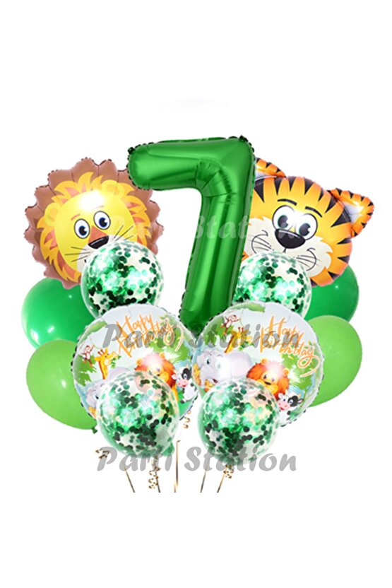 Safari Konsept Balon Seti 7 Yaş Safari Jungle Parti Doğum Günü Balon Karşılama Set Yeşil Rakam Balon